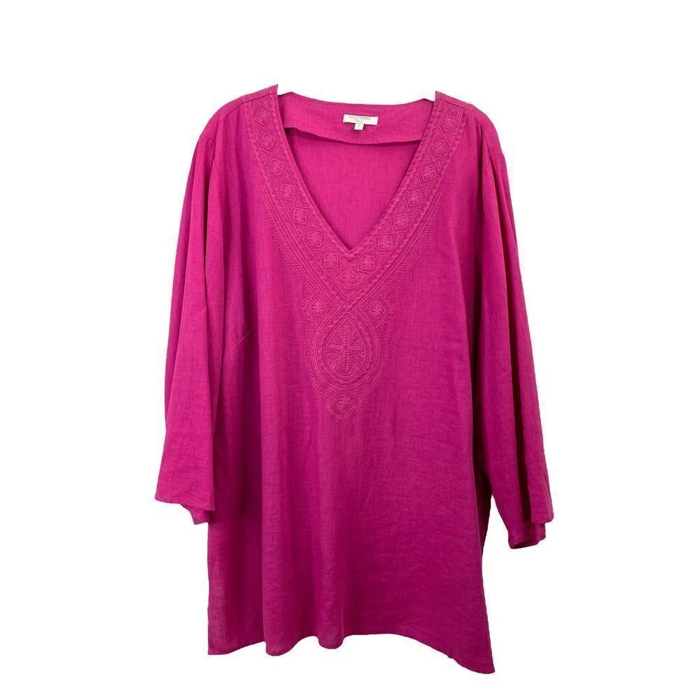 St. Tropez West magenta pink linen blend embroidered blouse Sz 1X boho lagenlook
